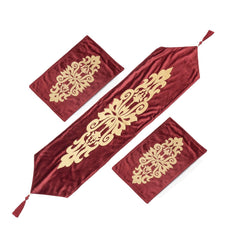 Maroon Velvet Elegance 3-Piece Table Runner Mat Set – Front Velvet, Back Silk - Maira Textile