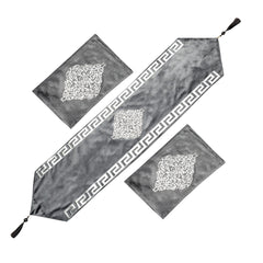 Grey Velvet Elegance 3-Piece Table Runner Mat Set – Front Velvet, Back Silk - Maira Textile