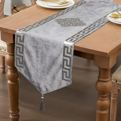 Grey Velvet Elegance 3-Piece Table Runner Mat Set – Front Velvet, Back Silk - Maira Textile