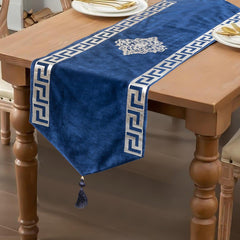 Navy Blue Velvet Elegance 3-Piece Table Runner Mat Set – Front Velvet, Back Silk - Maira Textile