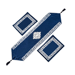 Navy Blue Velvet Elegance 3-Piece Table Runner Mat Set – Front Velvet, Back Silk - Maira Textile