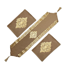 Golden Velvet Elegance 3-Piece Table Runner Mat Set – Front Velvet, Back Silk - Maira Textile