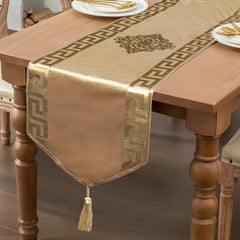 Golden Velvet Elegance 3-Piece Table Runner Mat Set – Front Velvet, Back Silk - Maira Textile