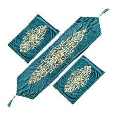 Teal Velvet Elegance 3-Piece Table Runner Mat Set – Front Velvet, Back Silk - Maira Textile