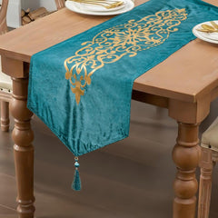 Teal Velvet Elegance 3-Piece Table Runner Mat Set – Front Velvet, Back Silk - Maira Textile