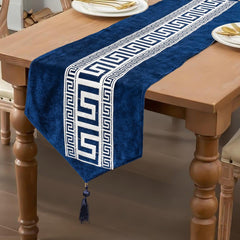 Navy Blue Velvet Elegance 3-Piece Table Runner Mat Set – Front Velvet, Back Silk - Maira Textile