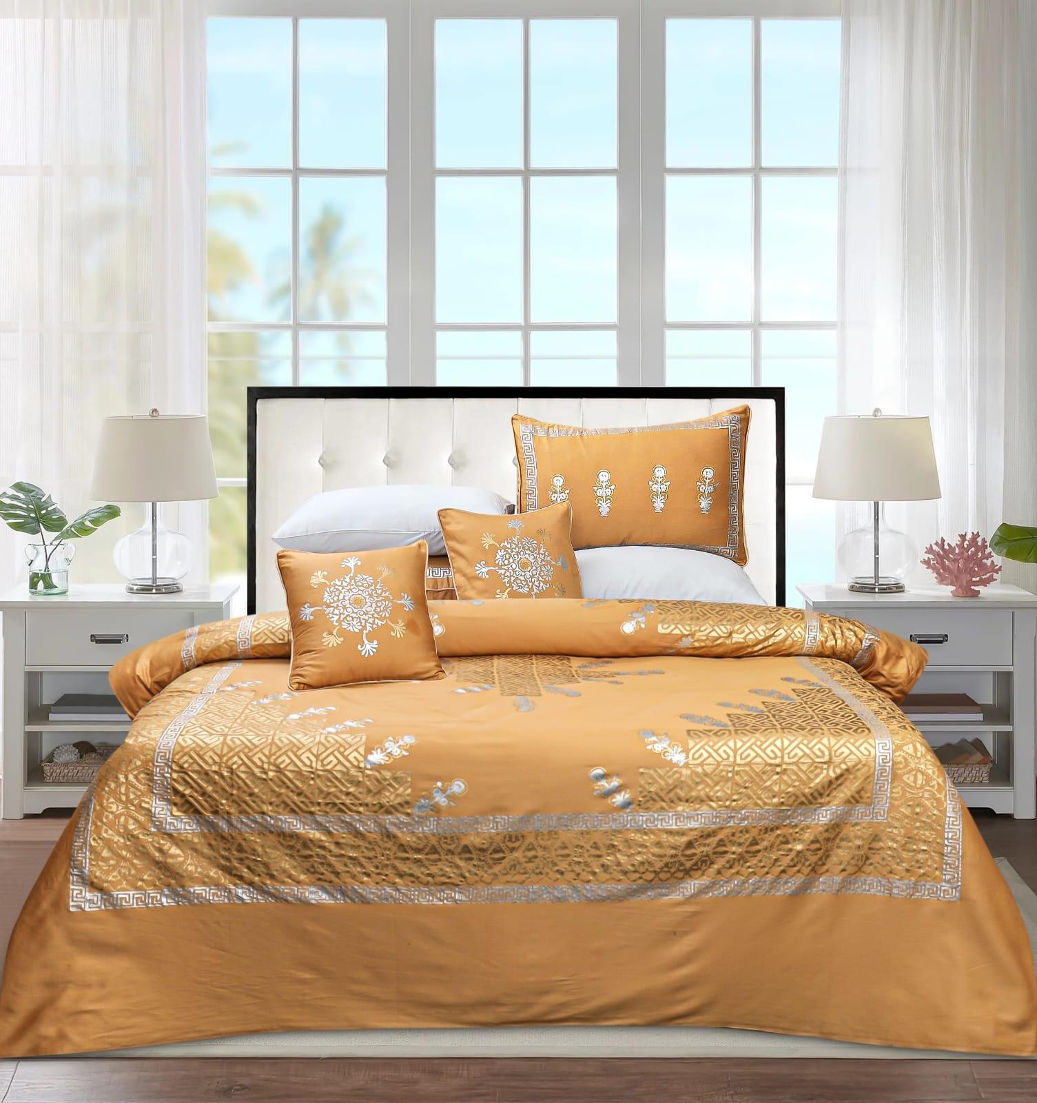 Persian Orange Color Block Print Cotton Satin 8-Piece Duvet Cover Set - Maira Textile