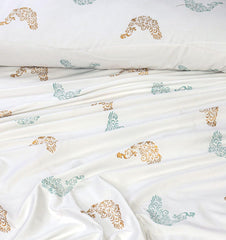 Teal & White Color Block Print Cotton Satin 8-Piece Duvet Cover Set - Maira Textile