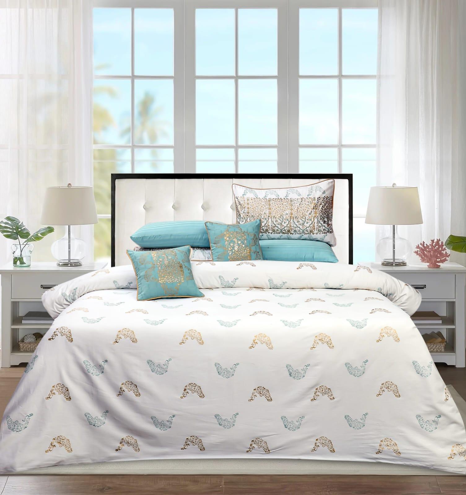 Teal & White Color Block Print Cotton Satin 8-Piece Duvet Cover Set - Maira Textile