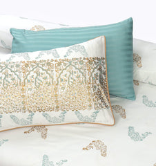 Teal & White Color Block Print Cotton Satin 8-Piece Duvet Cover Set - Maira Textile