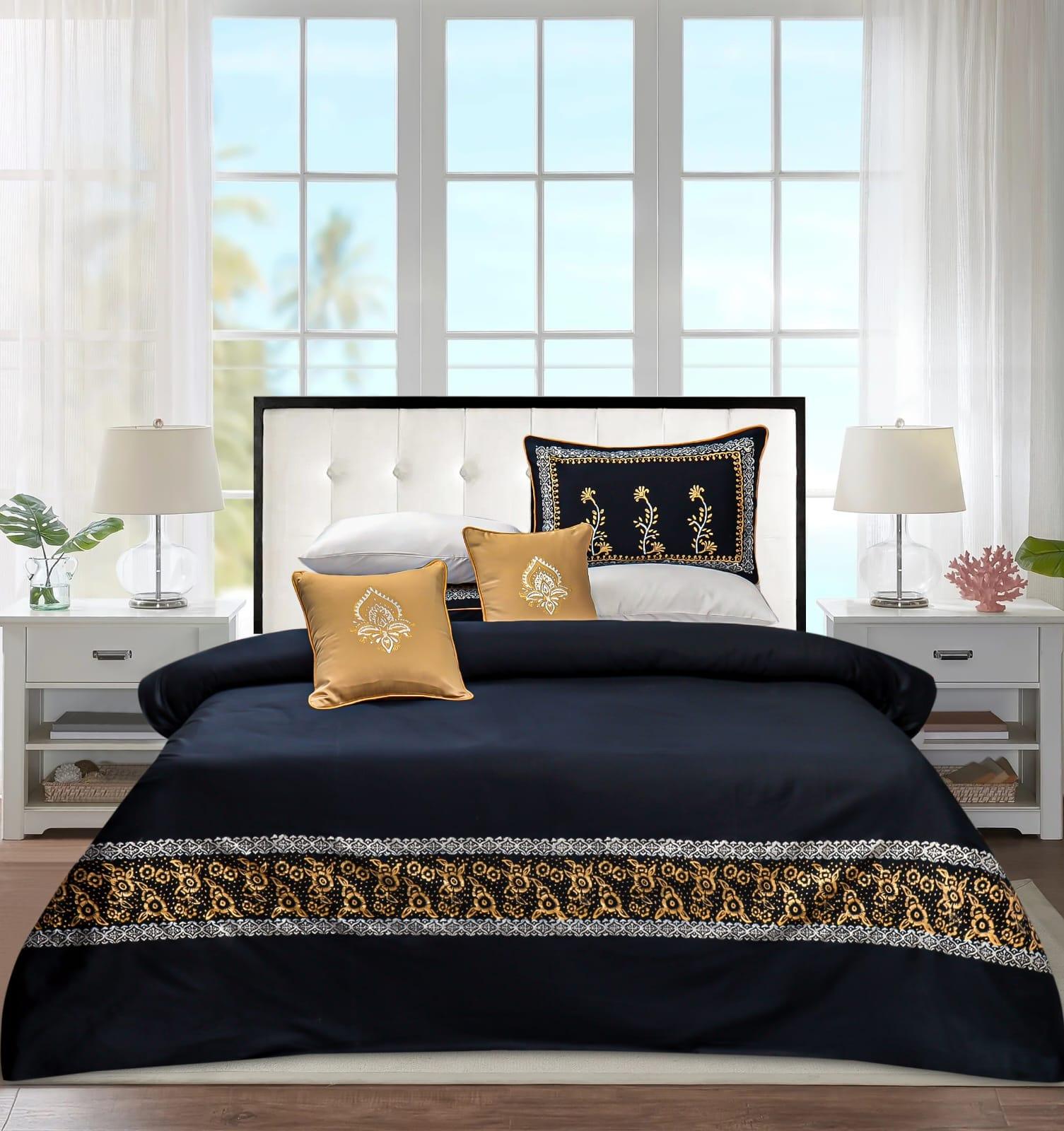 Black Color Block Print Cotton Satin 8-Piece Duvet Cover Set - Maira Textile