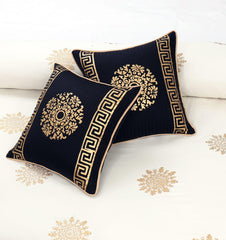 white & golden Color Block Print Cotton Satin 8-Piece Duvet Cover Set - Maira Textile