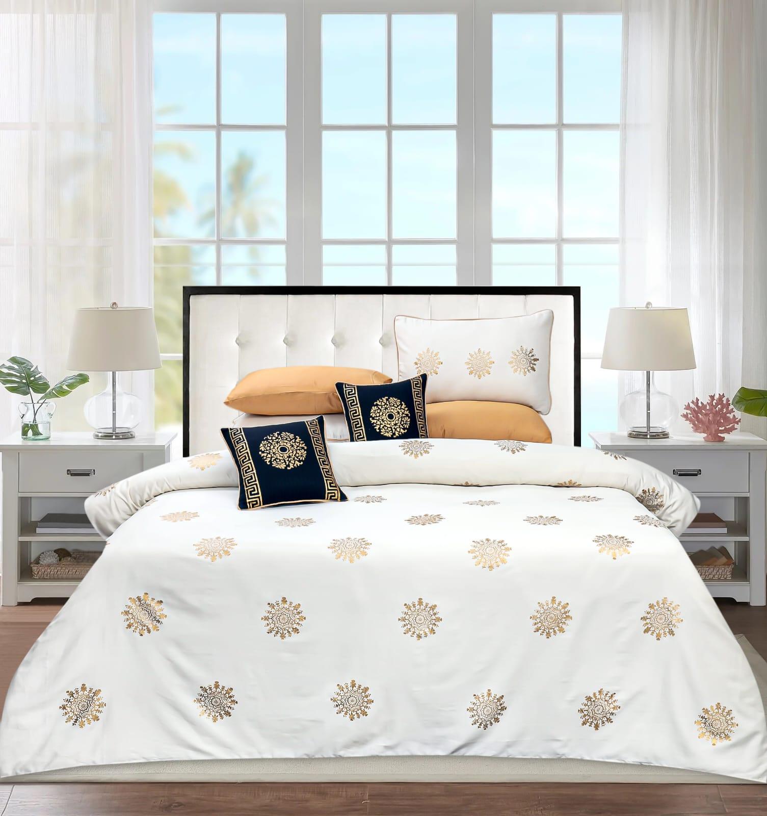 white & golden Color Block Print Cotton Satin 8-Piece Duvet Cover Set - Maira Textile