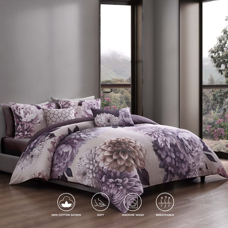 Plum Petal Bedding 100% Cotton Sateen 5 Piece King and Queen Size Reversible Comforter Set