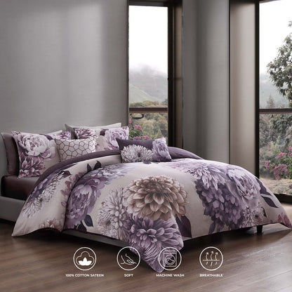 Plum Petal Bedding 100% Cotton Sateen 5 Piece King and Queen Size Reversible Comforter Set