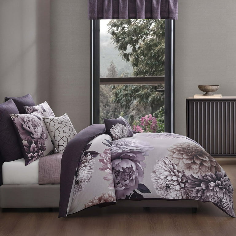 Plum Petal Bedding 100% Cotton Sateen 5 Piece King and Queen Size Reversible Comforter Set