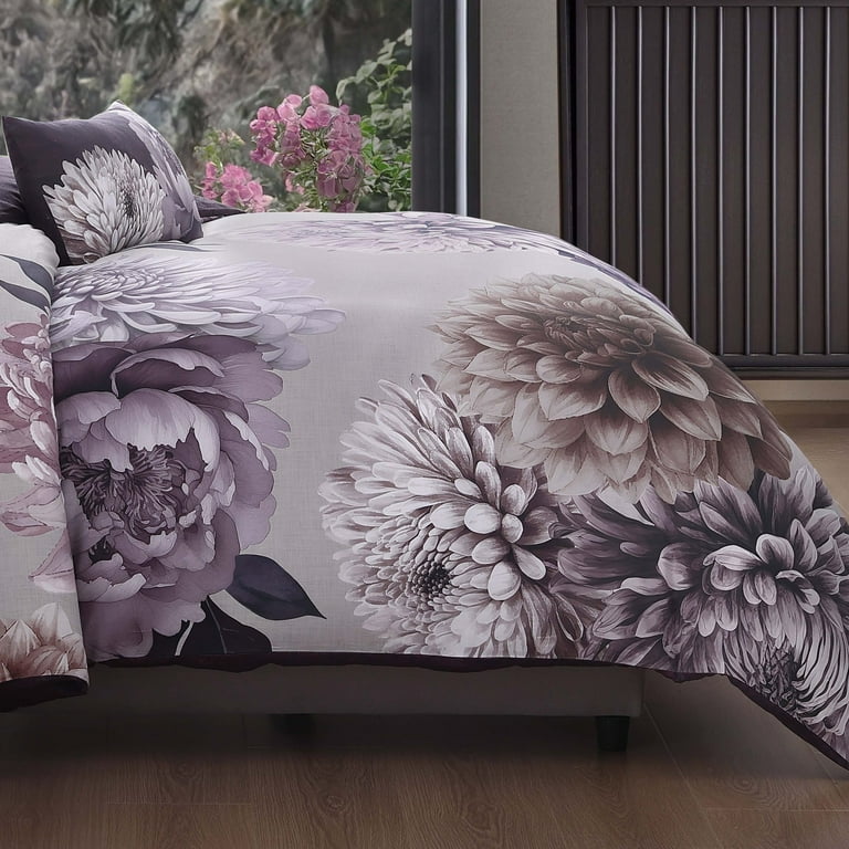 Plum Petal Bedding 100% Cotton Sateen 5 Piece King and Queen Size Reversible Comforter Set