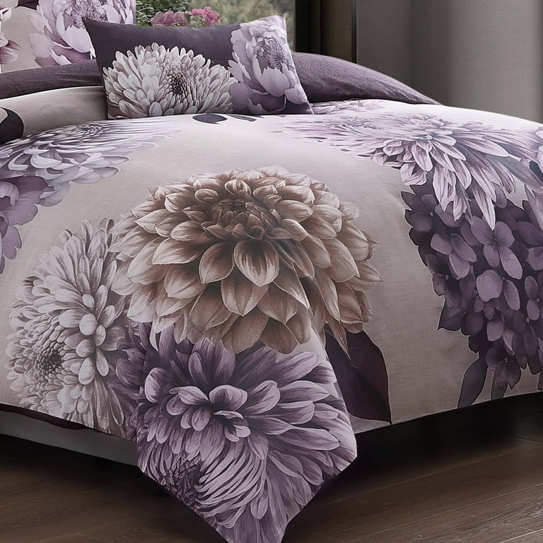 Plum Petal Bedding 100% Cotton Sateen 5 Piece King and Queen Size Reversible Comforter Set