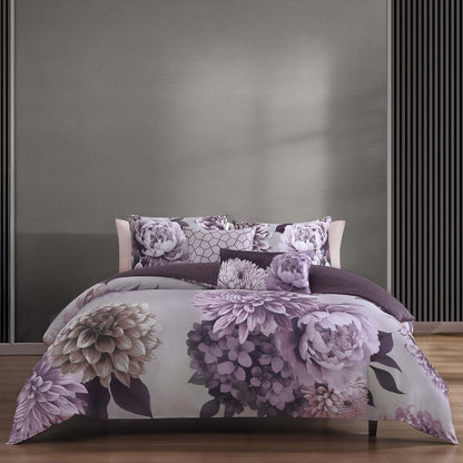 Plum Petal Bedding 100% Cotton Sateen 5 Piece King and Queen Size Reversible Comforter Set