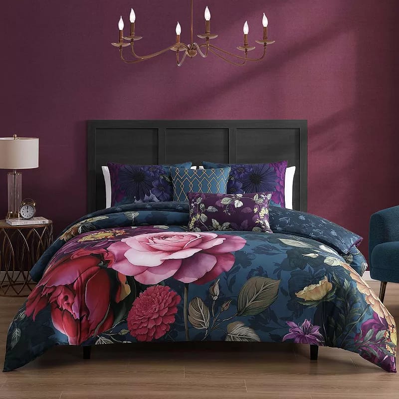Vibrant Flora 100% Cotton 5 Piece Reversible Comforter Set - King And Queen