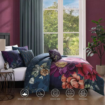 Vibrant Flora 100% Cotton 5 Piece Reversible Comforter Set - King And Queen