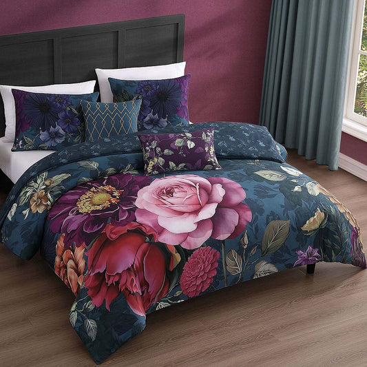 Vibrant Flora 100% Cotton 5 Piece Reversible Comforter Set - King And Queen