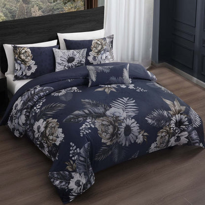 Forget Me Not 100% Cotton Sateen 5 Piece Comforter Set, Reversible, Polyfilla, Dark Blue Floral Printed Pattern, 1 Comforter, 2 Shams, 2 Pillows (King/Queen)