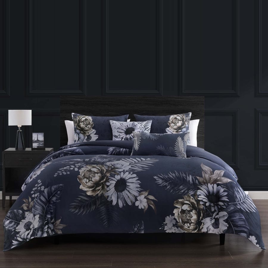 Forget Me Not 100% Cotton Sateen 5 Piece Comforter Set, Reversible, Polyfilla, Dark Blue Floral Printed Pattern, 1 Comforter, 2 Shams, 2 Pillows (King/Queen)