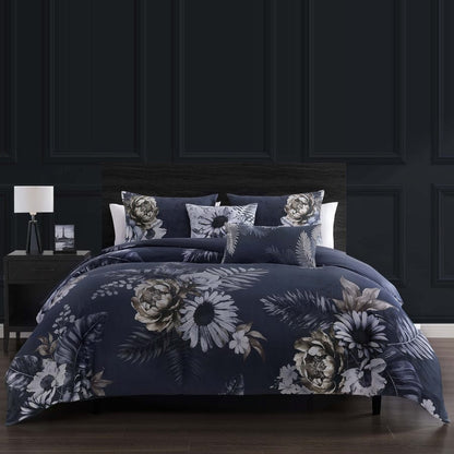Forget Me Not 100% Cotton Sateen 5 Piece Comforter Set, Reversible, Polyfilla, Dark Blue Floral Printed Pattern, 1 Comforter, 2 Shams, 2 Pillows (King/Queen)