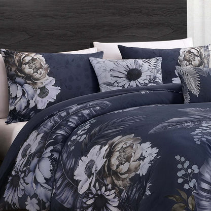 Forget Me Not 100% Cotton Sateen 5 Piece Comforter Set, Reversible, Polyfilla, Dark Blue Floral Printed Pattern, 1 Comforter, 2 Shams, 2 Pillows (King/Queen)