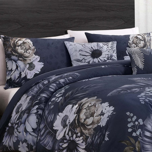 Forget Me Not 100% Cotton Sateen 5 Piece Comforter Set, Reversible, Polyfilla, Dark Blue Floral Printed Pattern, 1 Comforter, 2 Shams, 2 Pillows (King/Queen)