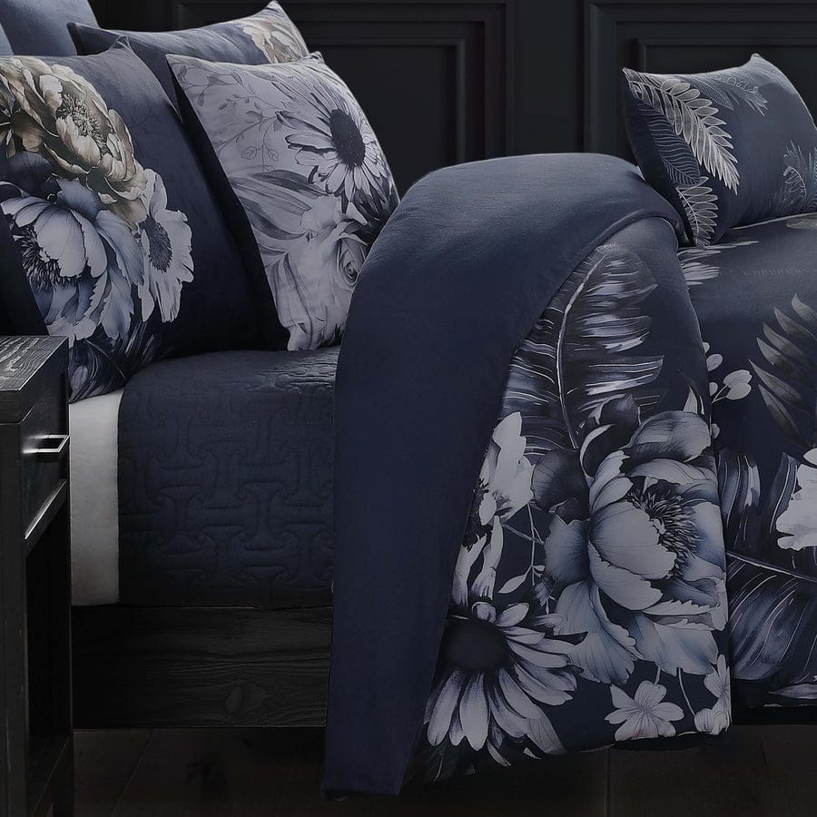 Forget Me Not 100% Cotton Sateen 5 Piece Comforter Set, Reversible, Polyfilla, Dark Blue Floral Printed Pattern, 1 Comforter, 2 Shams, 2 Pillows (King/Queen)