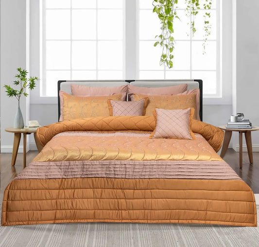 8 Pcs Bridal Bed Sheet Comforter Set Cotton Sateen Block Printed – Orange