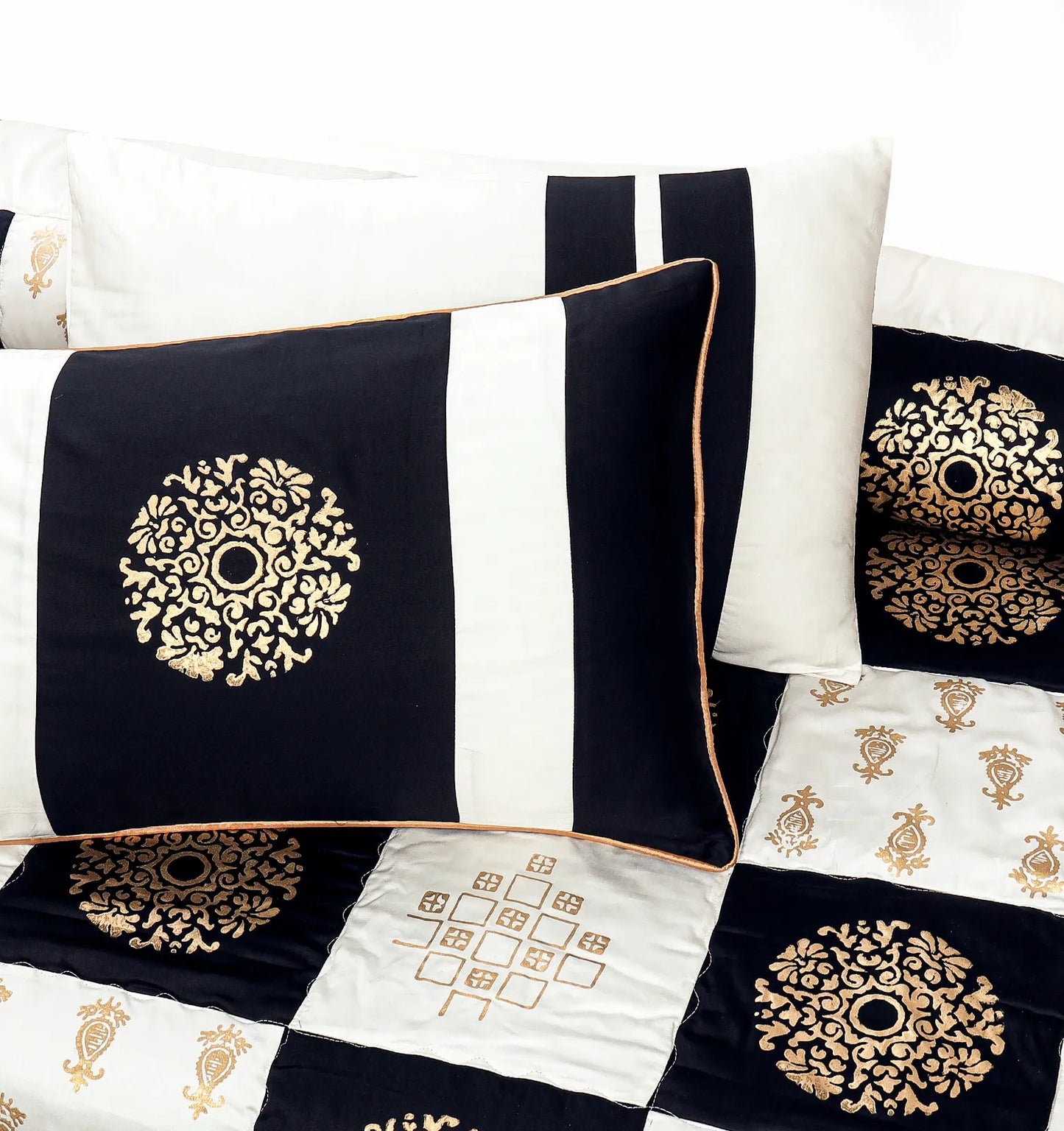 8 Pcs Bridal Bed Sheet Comforter Set Cotton Sateen Block Printed Patch Work– Black And White