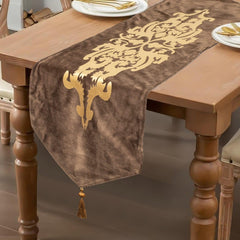 Brown Velvet Elegance 3-Piece Table Runner Mat Set – Front Velvet, Back Silk - Maira Textile