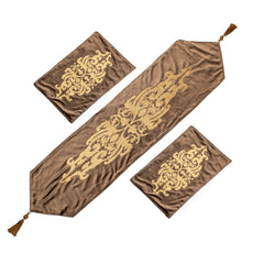 Brown Velvet Elegance 3-Piece Table Runner Mat Set – Front Velvet, Back Silk - Maira Textile