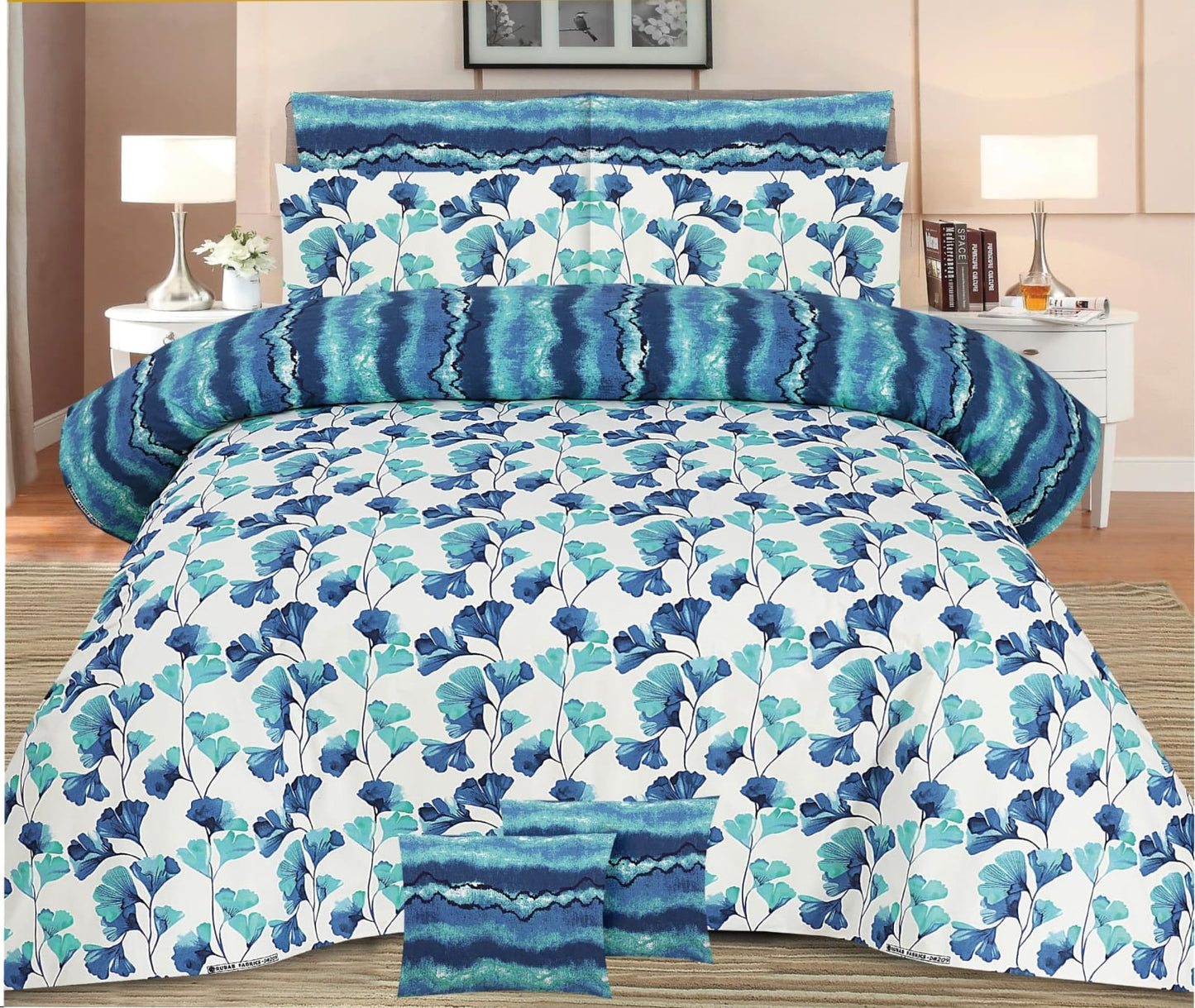 3pc Cotton Bedsheet Set Blue Floral