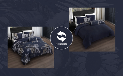 Forget Me Not 100% Cotton Sateen 5 Piece Comforter Set, Reversible, Polyfilla, Dark Blue Floral Printed Pattern, 1 Comforter, 2 Shams, 2 Pillows (King/Queen)