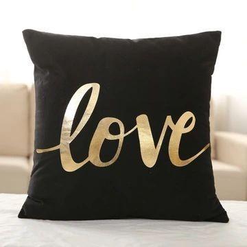 LOVE Black And Gold Velvet Cushion Cover, Size 16+16 Inch - Maira Textile