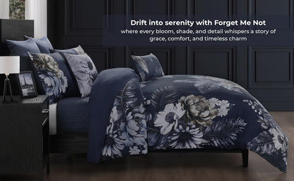 Forget Me Not 100% Cotton Sateen 5 Piece Comforter Set, Reversible, Polyfilla, Dark Blue Floral Printed Pattern, 1 Comforter, 2 Shams, 2 Pillows (King/Queen)